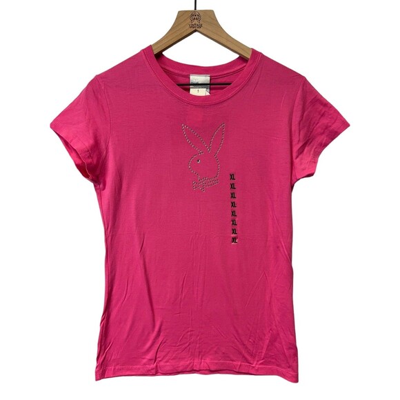 PLAYBOY Rare Vintage Y2K NWT Pink Silver Rhinestone Bling Sexy Tee Shirt XL - Picture 1 of 11